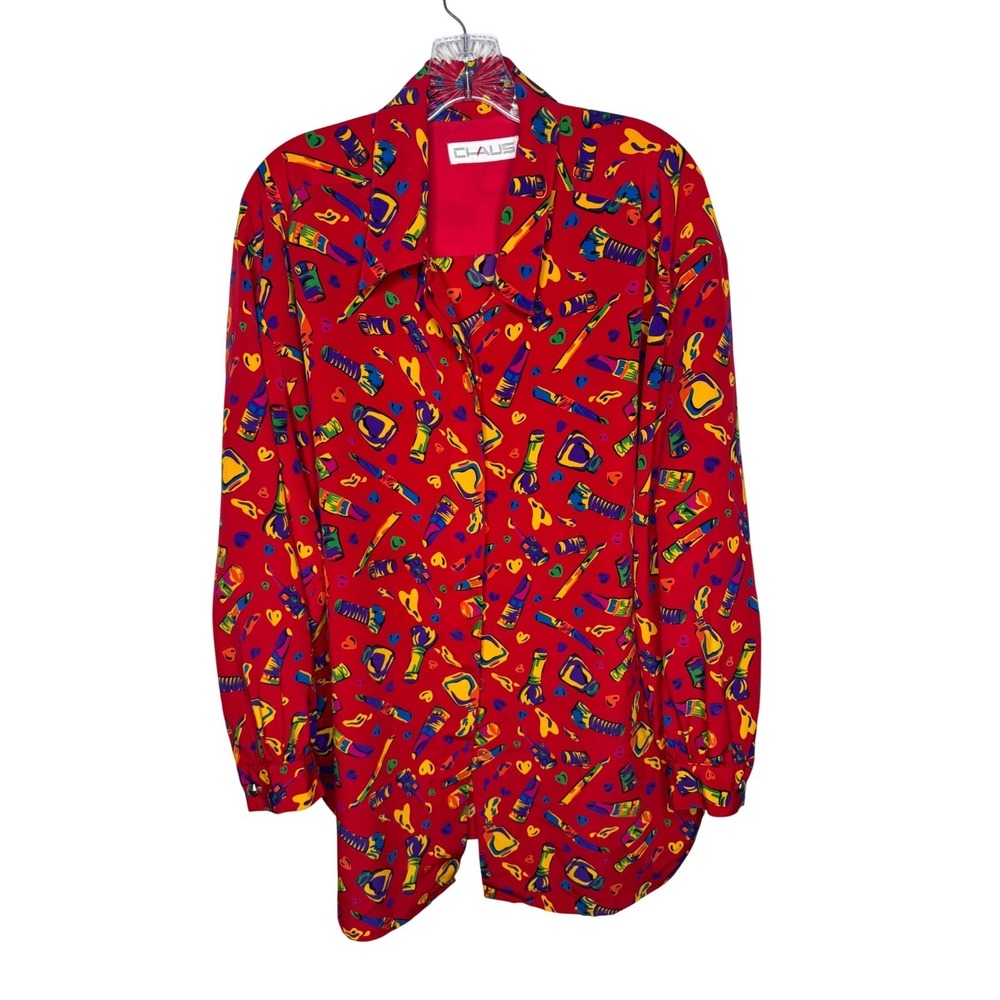 Chaus Vintage Red Makeup Print Button Down Blouse Womens 14 Long Sleeve Novelty - Picture 1 of 9